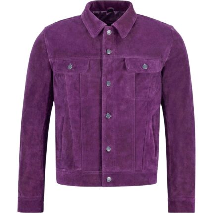 purple suede leather trucker jacket.