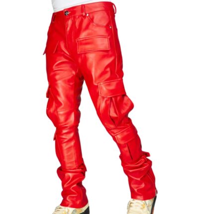 trendy men's red leather stacked pants