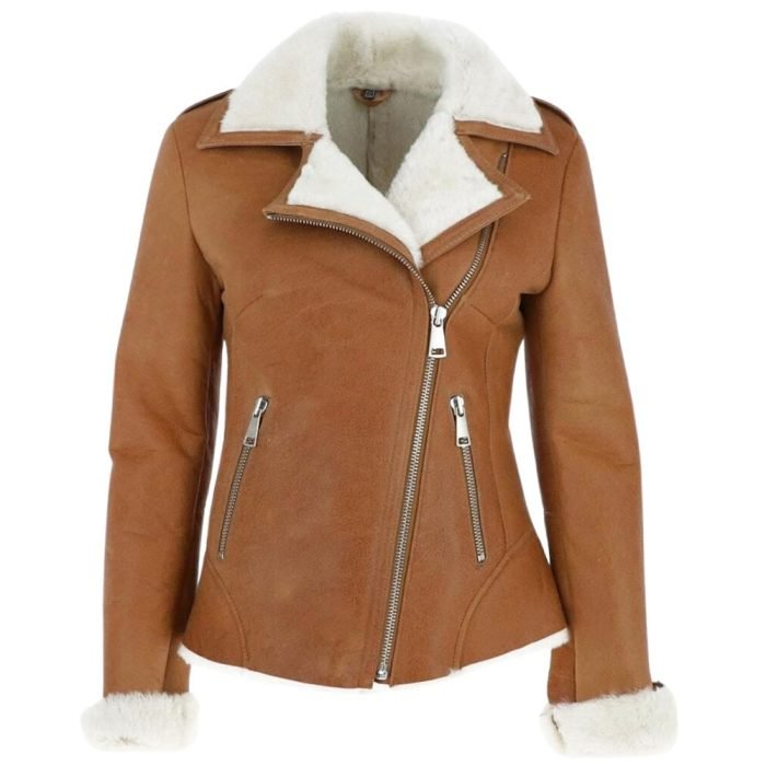 brown leather shearling jacket women's