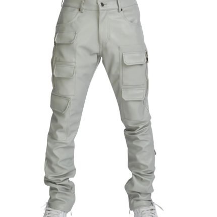 gray leather stacked pants mens