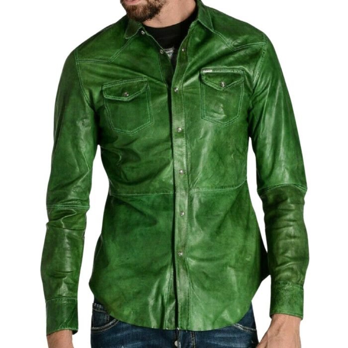 mens green leather shirt