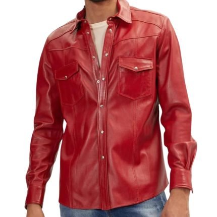 mens red leather shirt