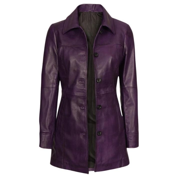 purple leather trench coat