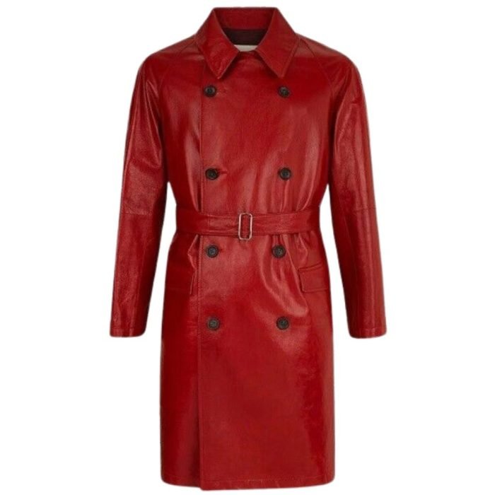 red leather trench coat