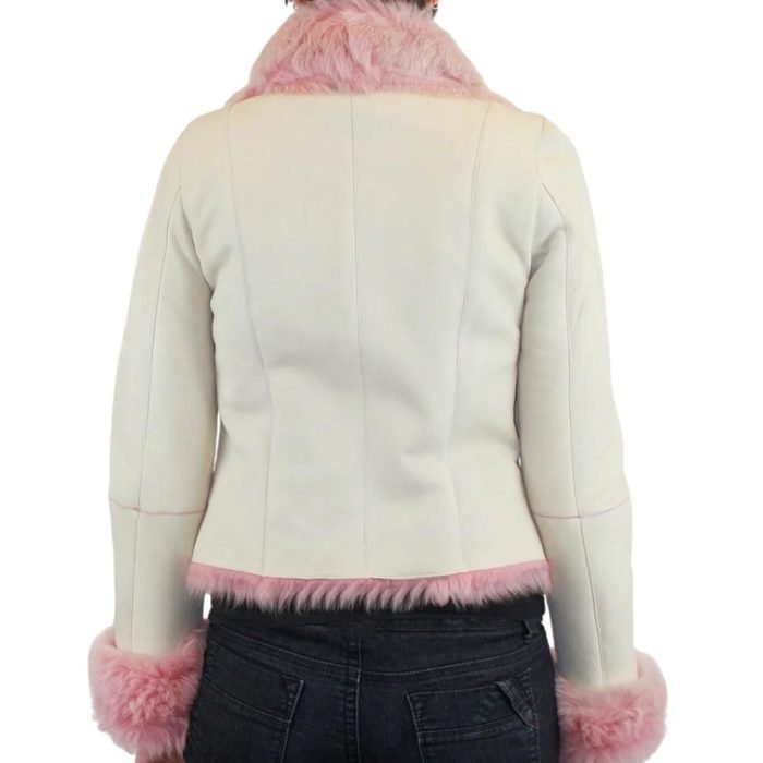 white leather jacket with pink fur