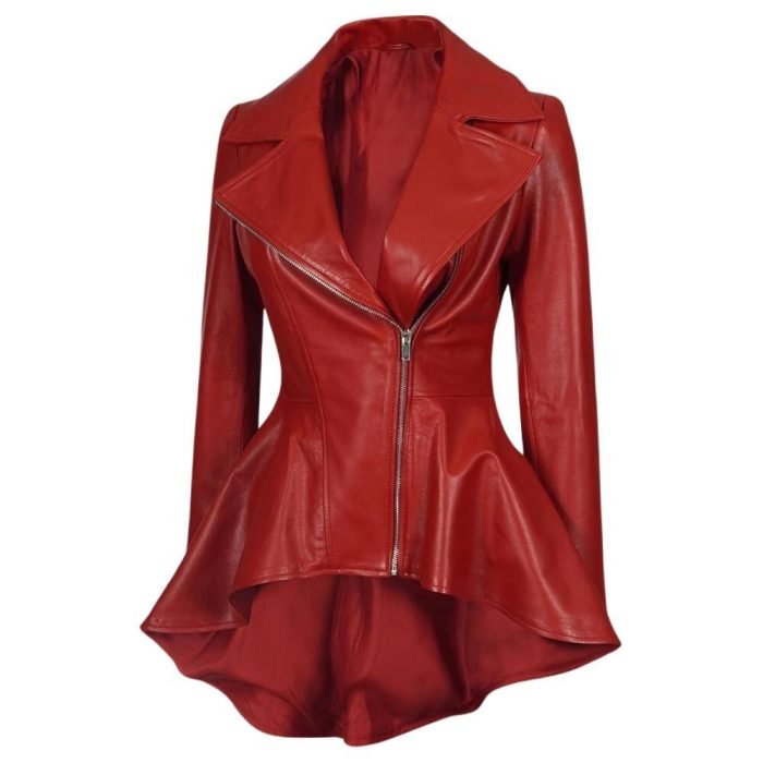 woman red leather coat