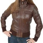 women's brown leather bomber jacket