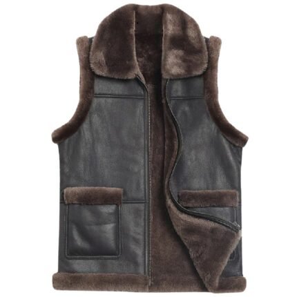 Black Leather Vest with Brown Shearling Fur Trim