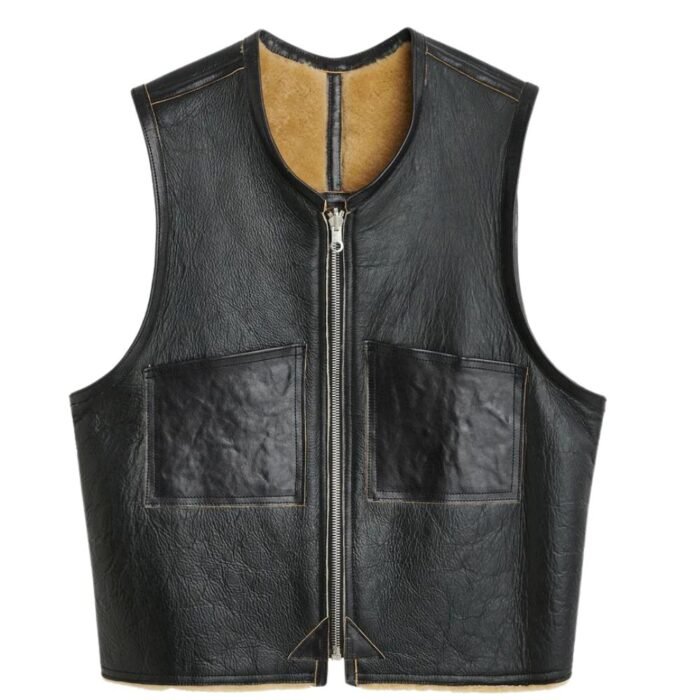 Black Sheepskin Waistcoat with Faux Shearling Fur