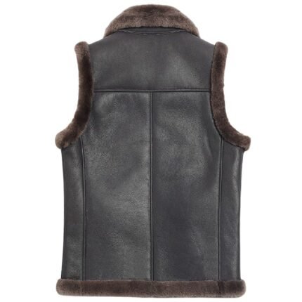 Elegant Black Leather Vest Featuring Cozy Brown Shearling Fur