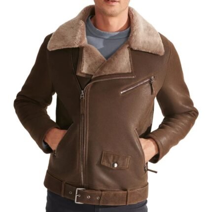 Elegant Brown Leather Shearling Jacket for Men’s Winter Style