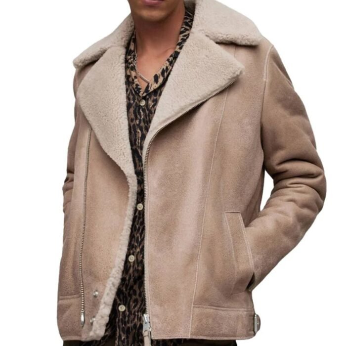 Men’s Beige Shearling Leather Jacket for Winter