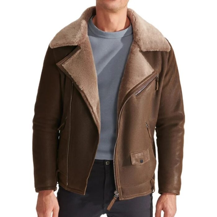 Warm Men’s Brown Leather Jacket with Shearling Lining