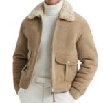 Warm Suede Shearling Bomber Jacket in Leather for Men