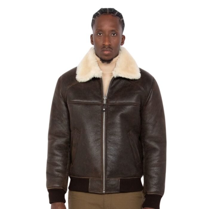 brown leather fur jacket