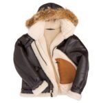 leather bomber jacket​ with fur hoodie