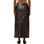Close-up of brown leather skirt showing texture